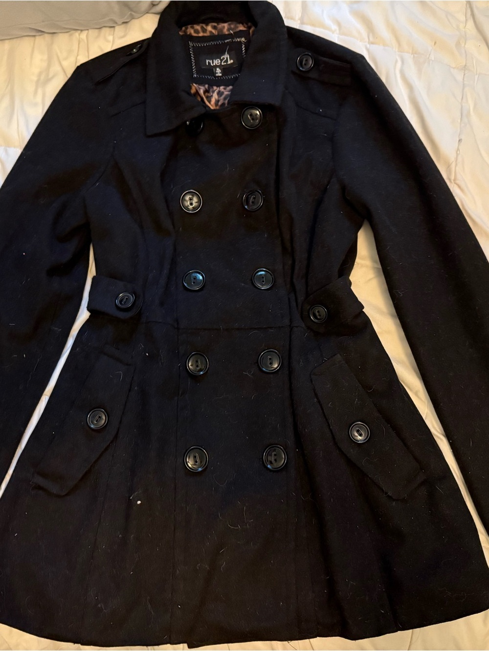 Rue21 Black Double-Breasted Wool Blend Peacoat with Leopard Lining